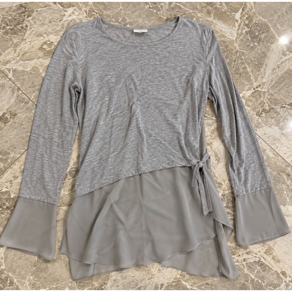 Bar III Womens L Gray Layered Chiffon Tunic Asymmetrical Bell Sleeve Draped Top